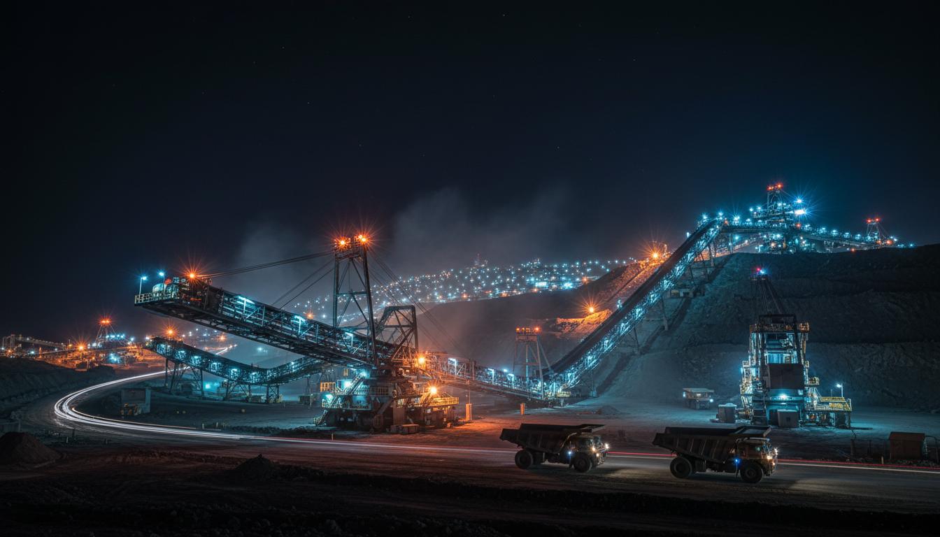 Open-pit mine conveyors at night