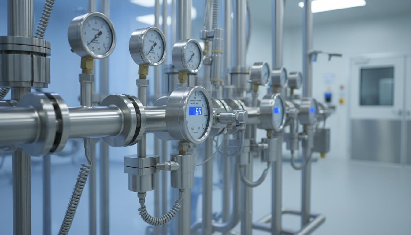 Stainless process piping with gauges in a cleanroom