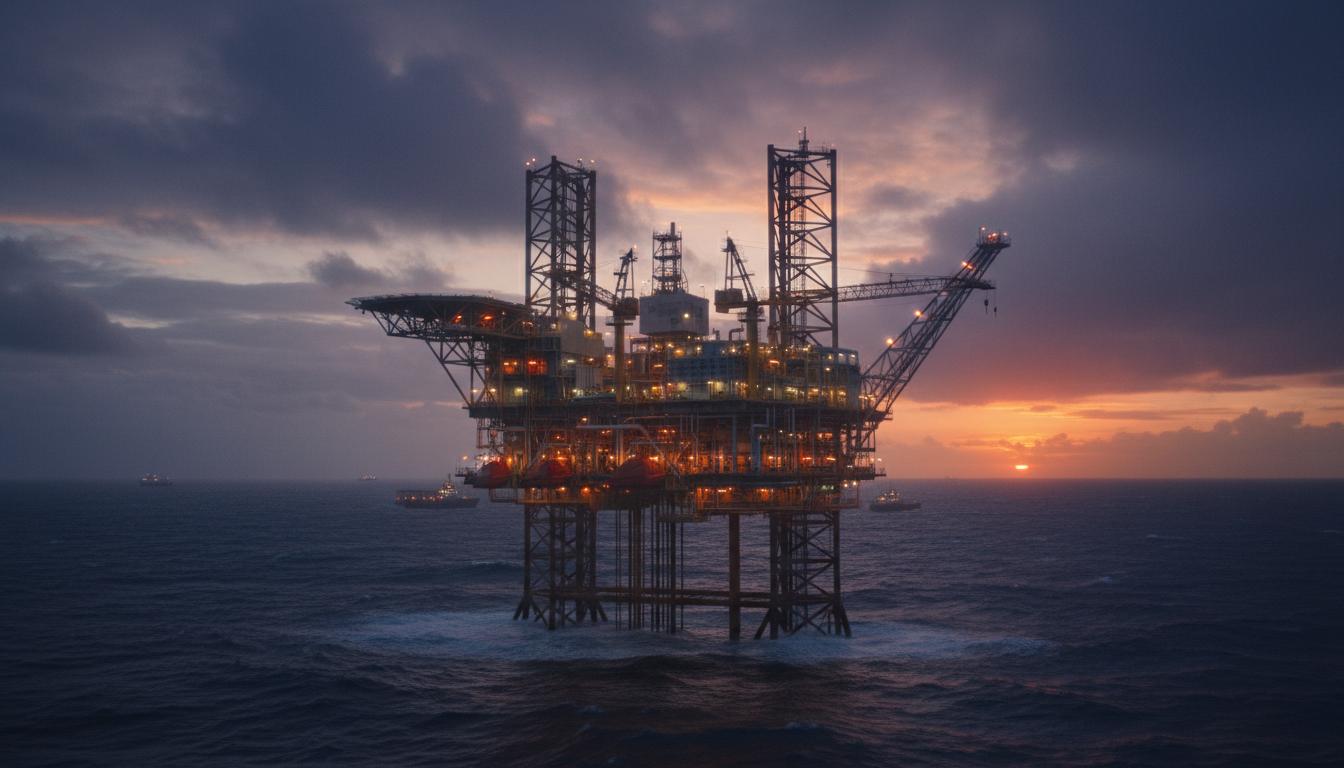 Offshore oil platform at sunset